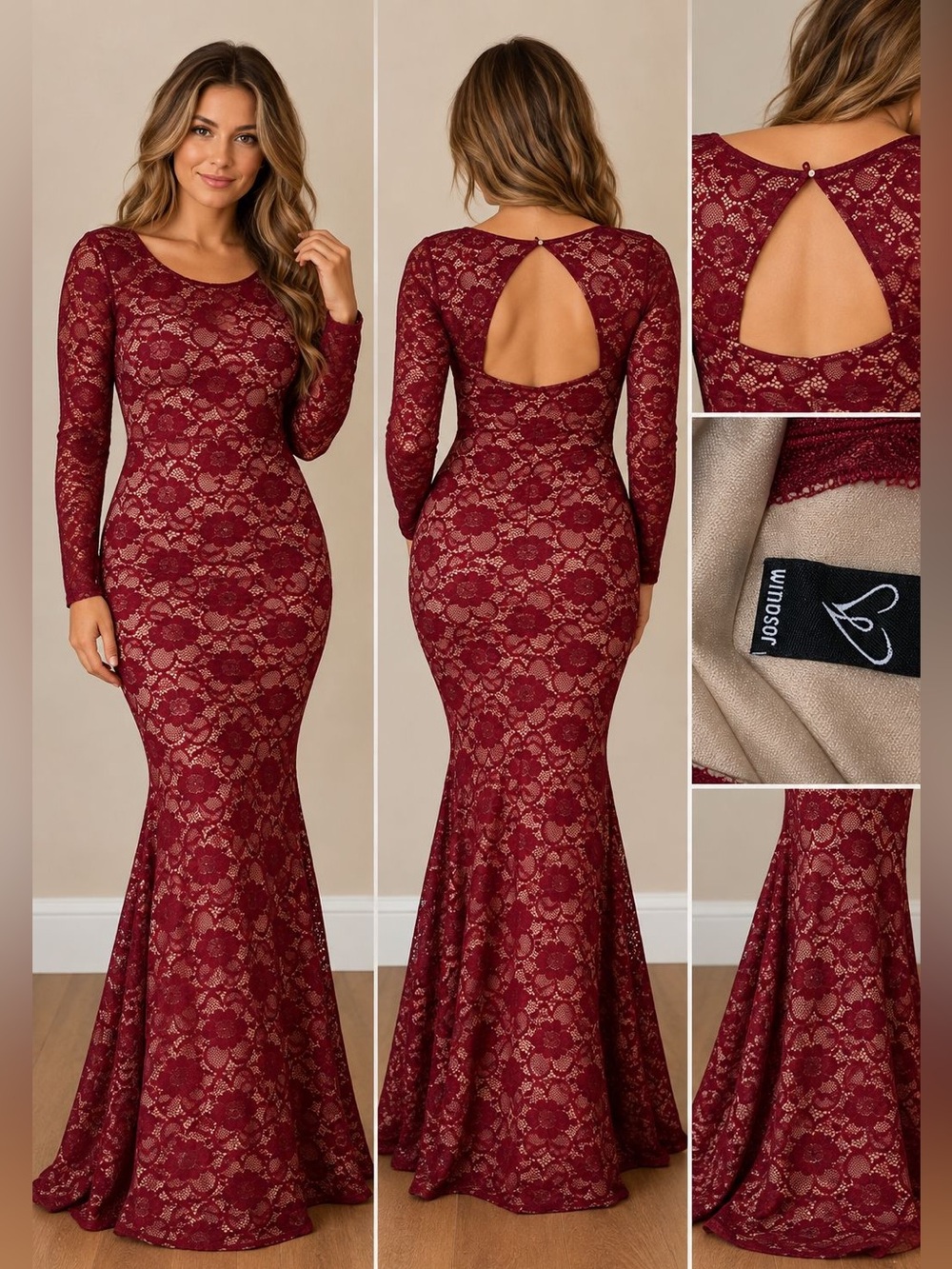 Windsor Burgundy Lace Long Sleeve Mermaid Gown